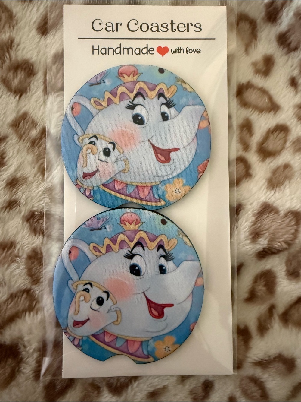 Handmade Beauty and Chip Car Coasters - Blue Floral